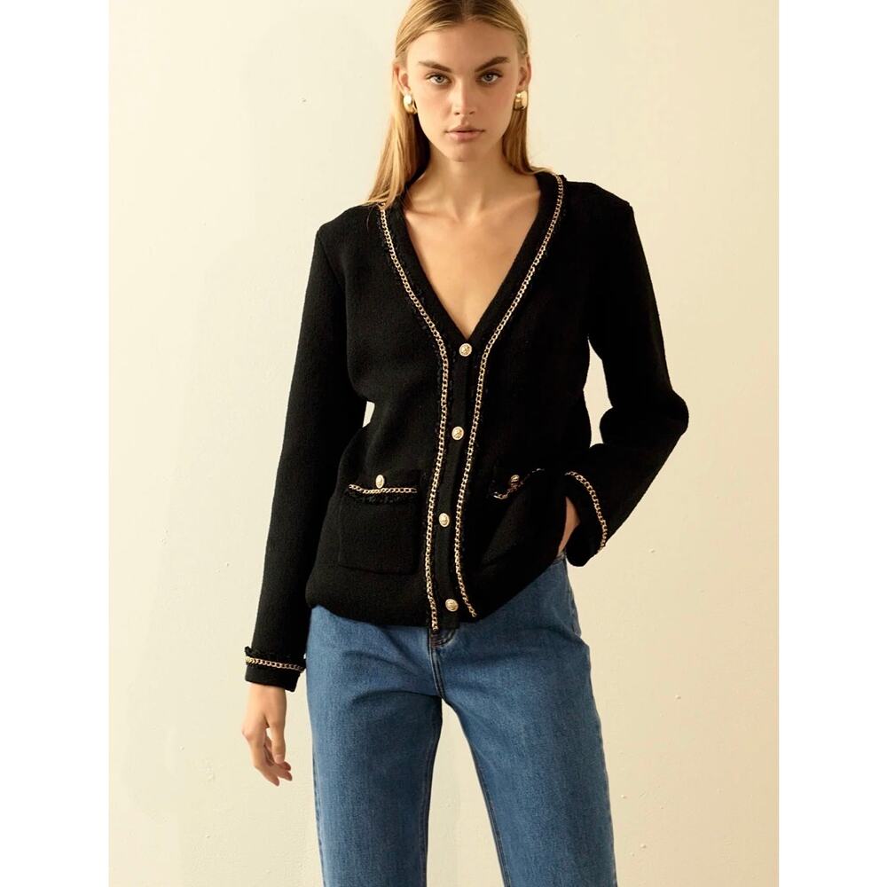 Endless Rose Cardigan Womens Size Small NWT Chain Trim Black Gold Sweater Blazer - Picture 2 of 16